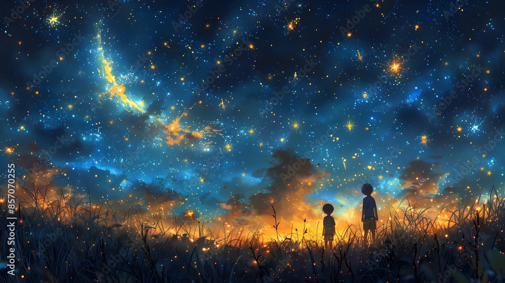 Fototapeta premium Captivating Starry Night Landscape with Silhouetted Figures in Enchanting Cosmos
