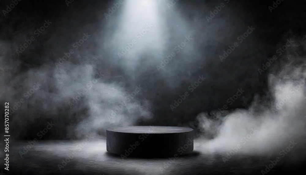 black podium emerges from a dark smoky background, enveloped in fog and illuminated by a dramatic spotlight, creating an abstract stage with a textured and mysterious ambiance black podium emerges from a dark smoky background, enveloped in fog and illuminated by a dramatic spotlight, creating an abstract stage with a textured and mysterious ambiance