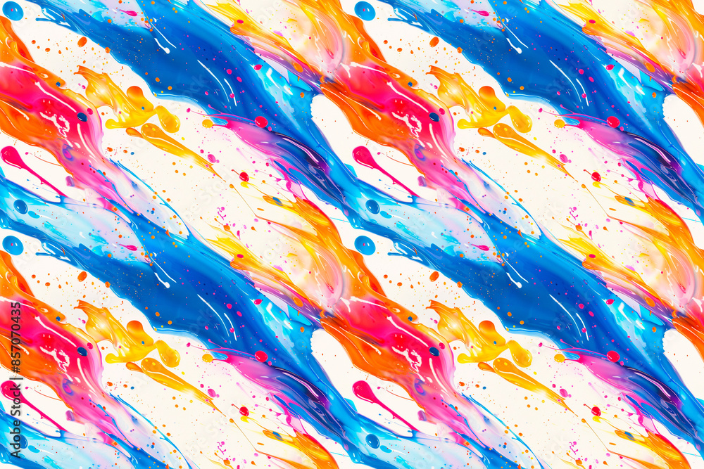 A dynamic seamless pattern with paint splashes in bold colors, creating a striking tile ornament perfect for high-energy and modern decoration projects