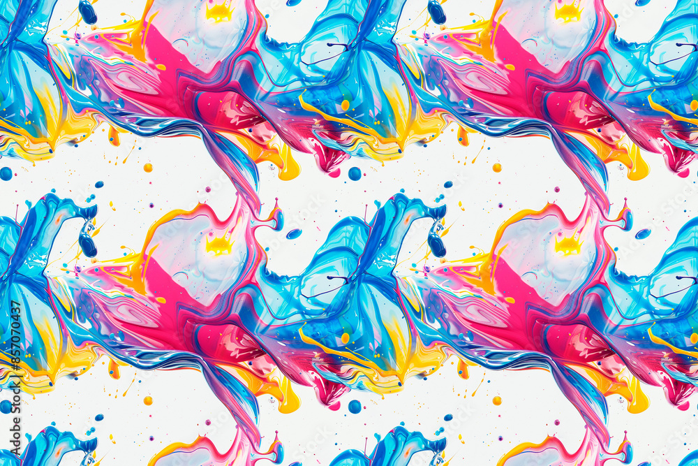 A dynamic seamless pattern showcasing bold blue, pink, and yellow paint splashes, forming a vibrant tile ornament ideal for energetic decoration and contemporary style A dynamic seamless pattern showcasing bold blue, pink, and yellow paint splashes, forming a vibrant tile ornament ideal for energetic decoration and contemporary style