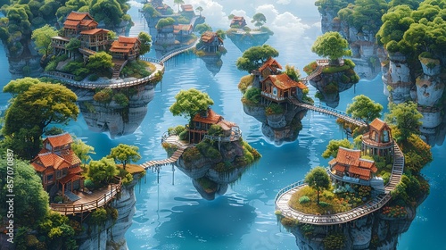 A labyrinth of floating islands connected by rickety bridges, each path leading to new wonders and discoveries. Illustration, Minimalism, photo