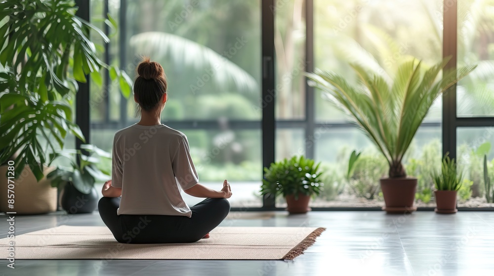 A person practicing yoga indoors, sitting in a cross-legged position on a mat, surrounded by potted plants with a large window showing a garden view. A person practicing yoga indoors, sitting in a cross-legged position on a mat, surrounded by potted plants with a large window showing a garden view.