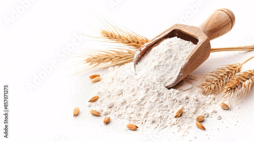 Wallpaper Mural A wooden scoop filled with white flour spills onto a white background with wheat stalks and grains. Torontodigital.ca