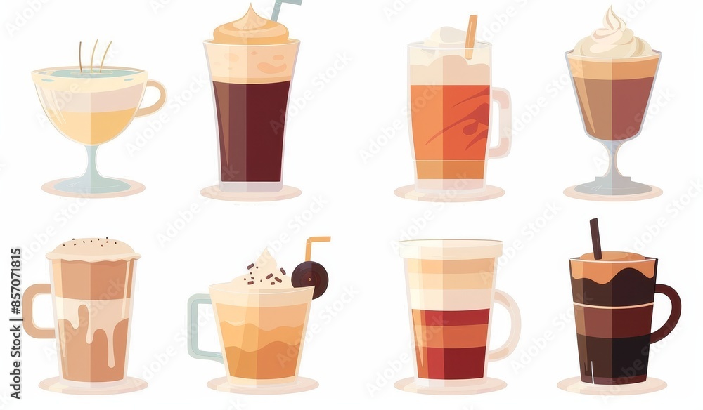 Set of Various Cold and Hot Coffee Drinks: Espresso, Americano, Cappuccino, Bubble Coffee, in Cups, Paper Mugs, and Glasses
Set of Various Cold and Hot Coffee Drinks: Espresso, Americano, Cappuccino, Bubble Coffee, in Cups, Paper Mugs, and Glasses