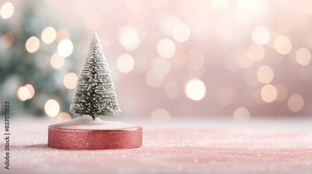 A small, snow-dusted Christmas tree on a pink base, with a blurry pink and gold background.