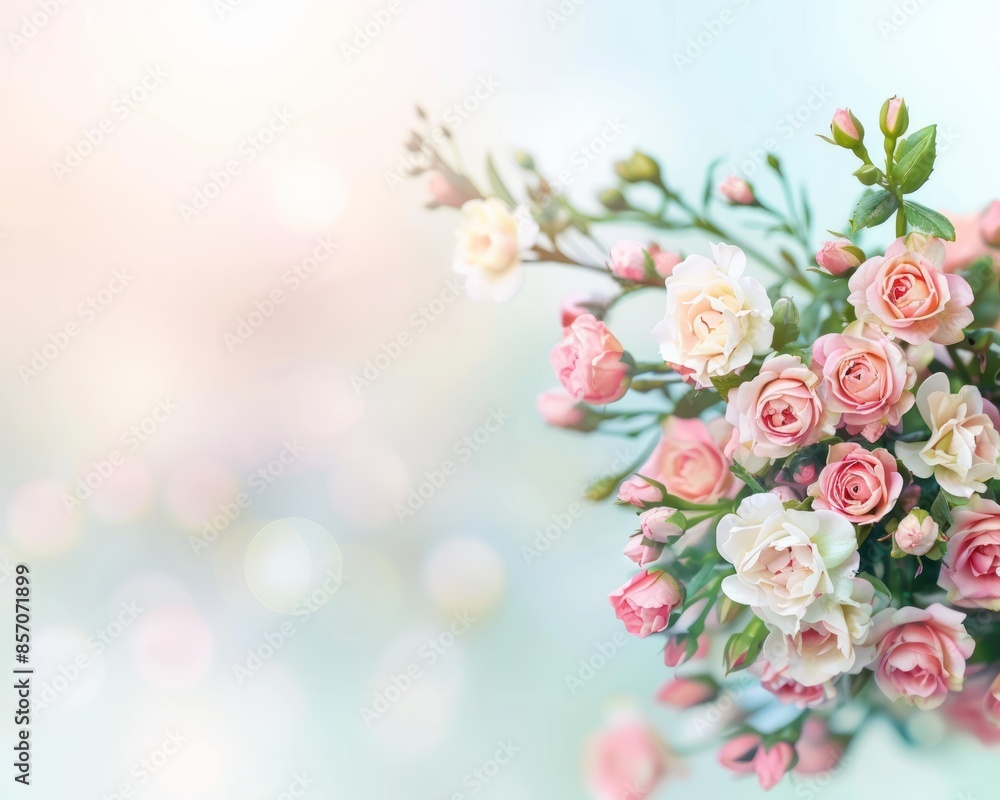 A soft, pastel bouquet of pink and white roses arranged on a blurred background. Perfect for a romantic or elegant design. A soft, pastel bouquet of pink and white roses arranged on a blurred background. Perfect for a romantic or elegant design.