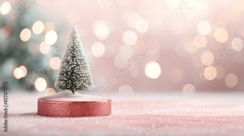 Obraz na płótnie A small, snow-dusted Christmas tree on a pink base, with a blurry pink and gold background. w salonie