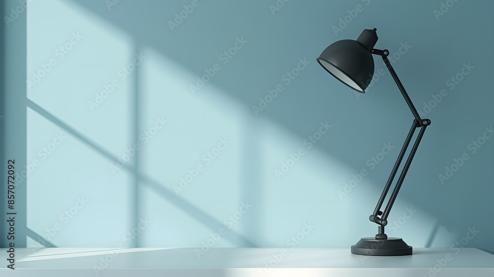 A sophisticated, matte black desk lamp on a clean, white desk, against a soft, pastel blue wall. This photo embodies minimalist office design, with a focus on functionality and aesthetic appeal.