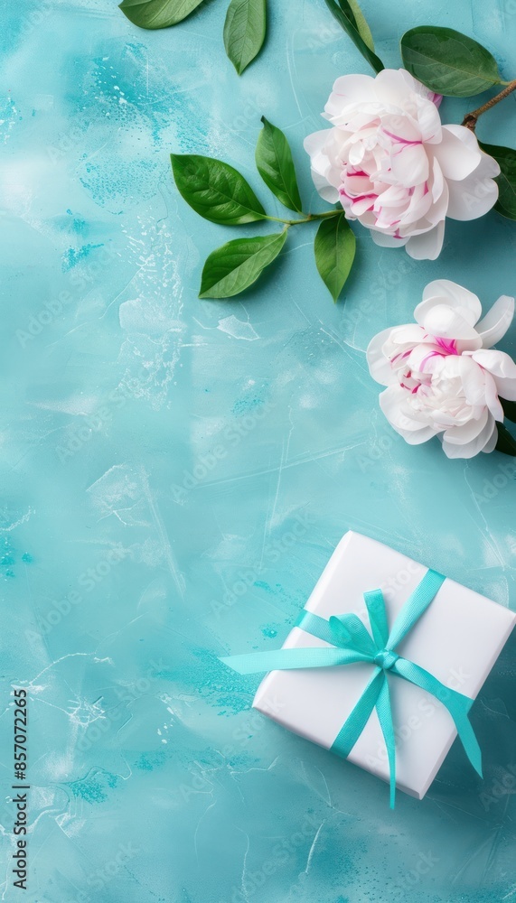 A white gift box with a blue ribbon sits on a blue background, surrounded by delicate pink peonies. A perfect background for a greeting card. A white gift box with a blue ribbon sits on a blue background, surrounded by delicate pink peonies. A perfect background for a greeting card.
