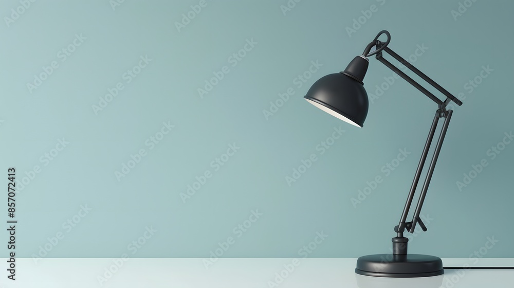 A sophisticated, matte black desk lamp on a clean, white desk, against a soft, pastel blue wall. This photo embodies minimalist office design, with a focus on functionality and aesthetic appeal. A sophisticated, matte black desk lamp on a clean, white desk, against a soft, pastel blue wall. This photo embodies minimalist office design, with a focus on functionality and aesthetic appeal.