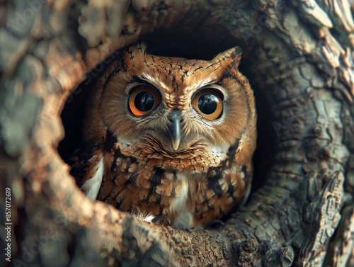 A small brown owl is peeking out of a hole in a tree © LOMOSONIC