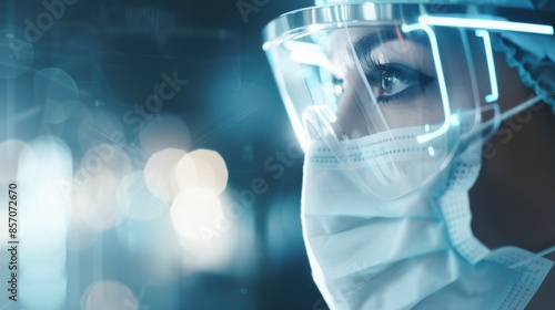 Futuristic medical professional using digital tools and holographic interfaces for patient care, highlighting technological advancements in healthcare