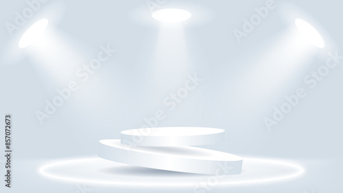3d white podium background with light.