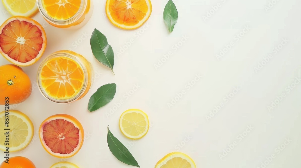 Top view of assorted citrus fruits including orange, grapefruit, and lemon, along with a jar of fresh orange juice, spread out on a white surface. Top view of assorted citrus fruits including orange, grapefruit, and lemon, along with a jar of fresh orange juice, spread out on a white surface.