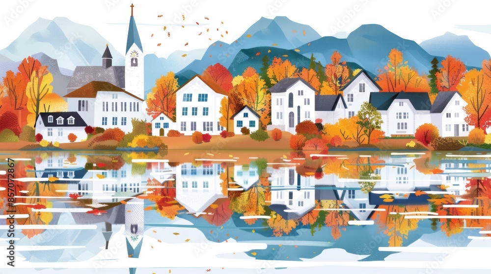 Naklejka premium A colorful illustration of a quaint village in autumn, with vibrant fall foliage, mountains, and a calm river under a bright sky.