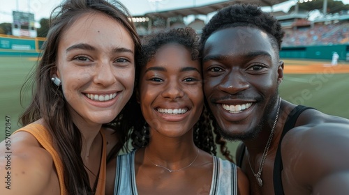 Friends taking a selfie at a baseball game, happy faces, field