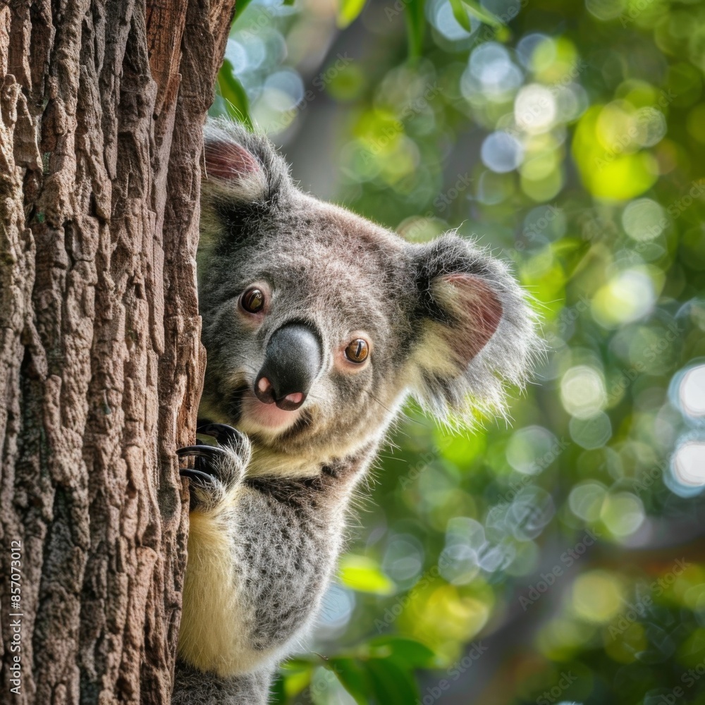 Obraz premium A koala is peeking out from behind a tree trunk