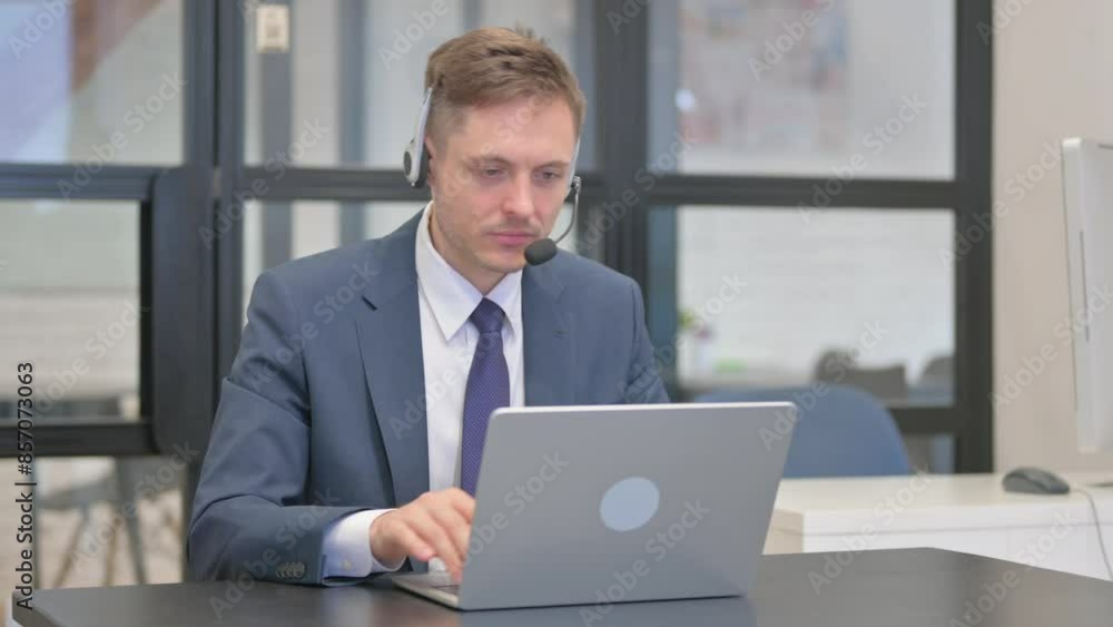 Mature Adult Businessman with Headset Working on Laptop Mature Adult Businessman with Headset Working on Laptop