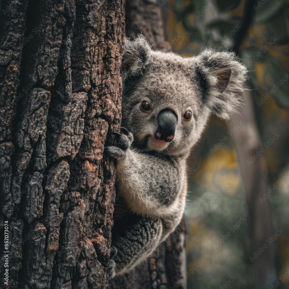 Obraz premium A baby koala is hiding behind a tree trunk