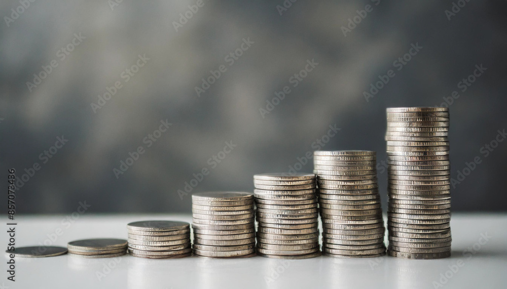 A stack of silver coins neatly arranged on a modern, clean table with a dark gray, blurred background. The coins symbolize wealth, savings, financial stability, and economic growth, with a minimalist A stack of silver coins neatly arranged on a modern, clean table with a dark gray, blurred background. The coins symbolize wealth, savings, financial stability, and economic growth, with a minimalist