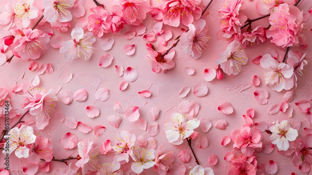Spring blossoms scattered across a pastel pink surface, arranged in a spontaneous flat lay style. Designed with a focus on simplicity and color, open space, suitable for text insertion. Spring blossoms scattered across a pastel pink surface, arranged in a spontaneous flat lay style. Designed with a focus on simplicity and color, open space, suitable for text insertion.