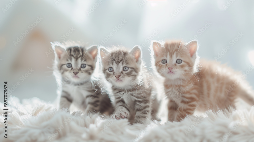 Three adorable kittens sitting on a fluffy blanket with soft lighting Three adorable kittens sitting on a fluffy blanket with soft lighting