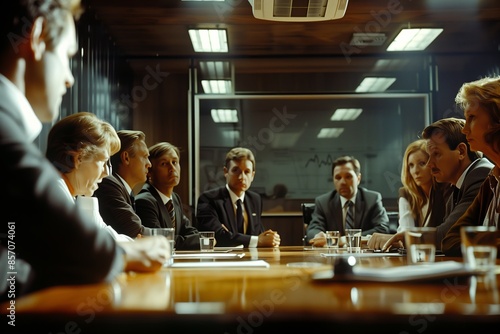 A group of professionals is convening in a conference room for a formal business meeting