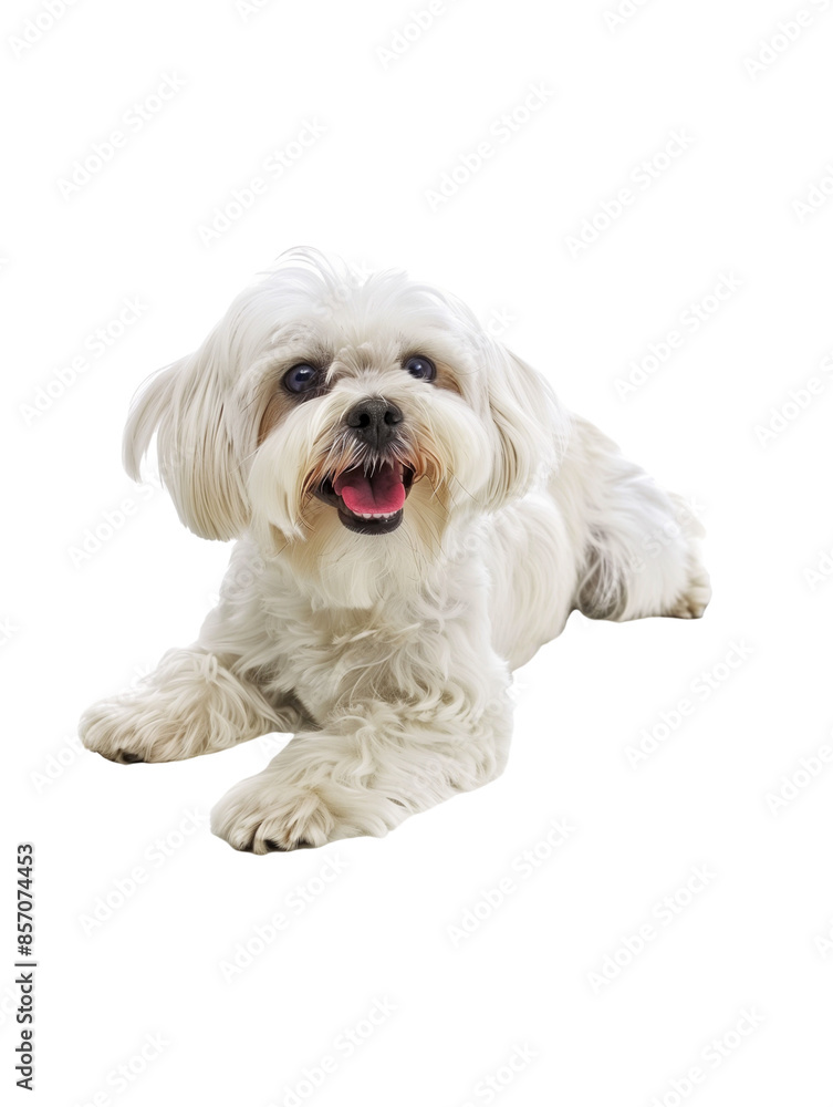 Full body shot of Maltese dog, lying down, smiling. Full body shot of Maltese dog, lying down, smiling.