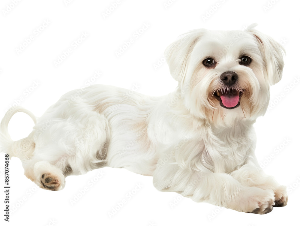Full body shot of Maltese dog, lying down, smiling. Full body shot of Maltese dog, lying down, smiling.