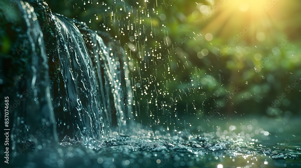 Water falling from the sky, water droplets in closeup on a green background with sunlight. A water fountain with a natural spring stream or river. Water falling from the sky, water droplets in closeup on a green background with sunlight. A water fountain with a natural spring stream or river.