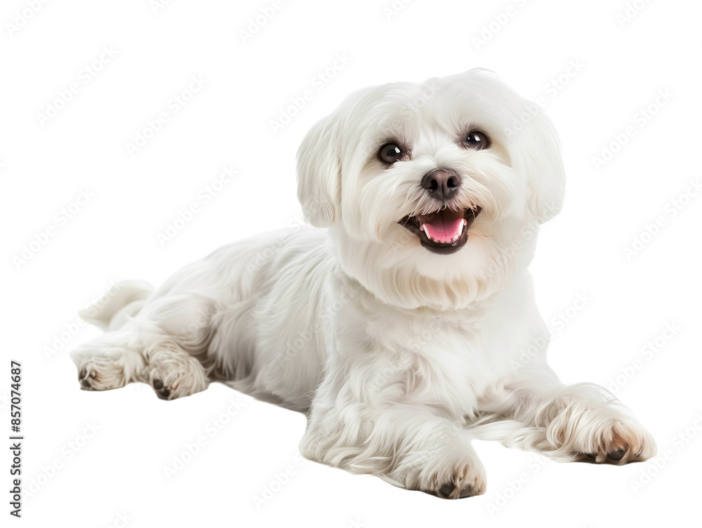 Full body shot of Maltese dog, lying down, smiling. Full body shot of Maltese dog, lying down, smiling.