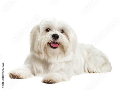 Full body shot of Maltese dog, lying down, smiling.