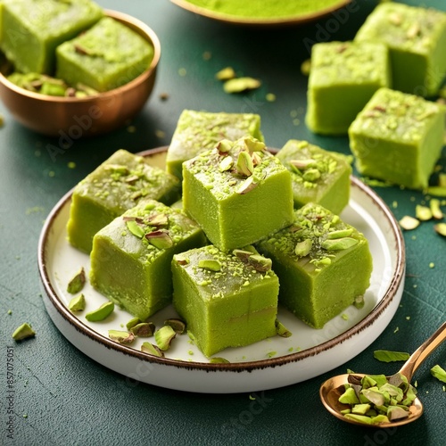 Indian sweet food pistachio mava also called as pista Barfi, burfi, barfee and pista mawa
 photo