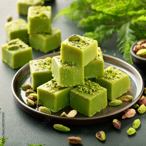 Indian sweet food pistachio mava also called as pista Barfi, burfi, barfee and pista mawa
 photo