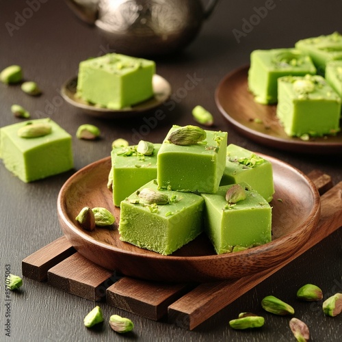 Indian sweet food pistachio mava also called as pista Barfi, burfi, barfee and pista mawa
 photo