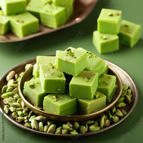 Indian sweet food pistachio mava also called as pista Barfi, burfi, barfee and pista mawa
 photo