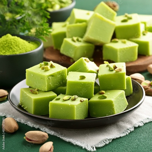 Indian sweet food pistachio mava also called as pista Barfi, burfi, barfee and pista mawa
 photo