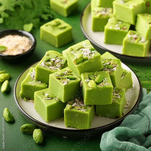 Indian sweet food pistachio mava also called as pista Barfi, burfi, barfee and pista mawa
 photo