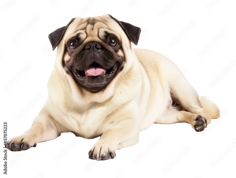 Full body shot of Pug dog, lying down, smiling. Full body shot of Pug dog, lying down, smiling.