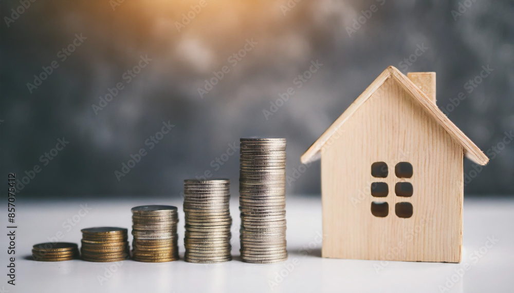 stack of silver coins with a small wooden house model on top, symbolizing housing savings plans, financial investments, and homeownership aspirations against a neutral background stack of silver coins with a small wooden house model on top, symbolizing housing savings plans, financial investments, and homeownership aspirations against a neutral background