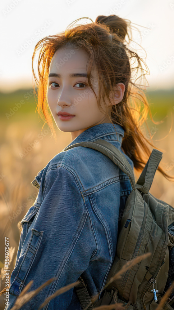 Young woman with a denim jacket and backpack standing in a sunlit field, looking back with a serene expression, golden hour lighting enhances the warm tones in the background and her hair Young woman with a denim jacket and backpack standing in a sunlit field, looking back with a serene expression, golden hour lighting enhances the warm tones in the background and her hair