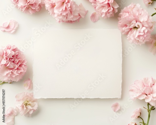 Blank card surrounded by delicate pink flowers and petals, perfect for wedding invitations or special occasions. © DigiMingle 
