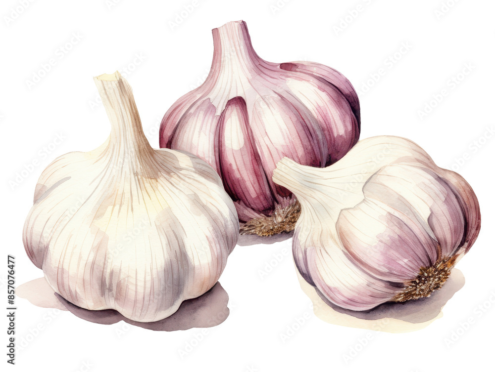 Obraz premium a watercolor of garlic bulbs with cloves. isolated on a transparent background.