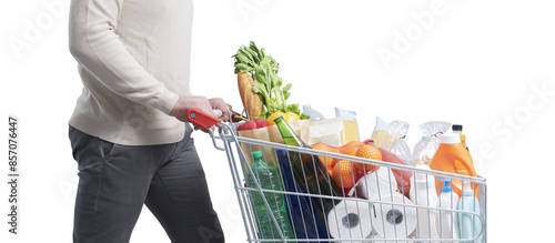 Картината върху платно Man doing grocery shopping and pushing a trolley
