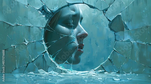 An artistic representation of a shattered mirror with a face looking back, symbolizing the fractured self-image and low self-esteem associated with mental health struggles. Illustration, Minimalism, photo