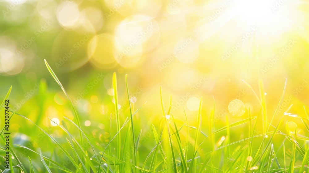 Obraz premium A bright, sunlit meadow with a bokeh effect, featuring dewy grass blades and warm golden sunlight, creating a serene and fresh atmosphere.