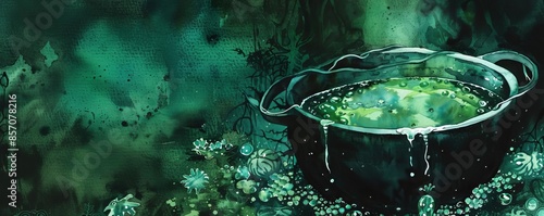 A witchs cauldron bubbling with mysterious soup, dark fantasy, green and black, watercolor, magical essence photo