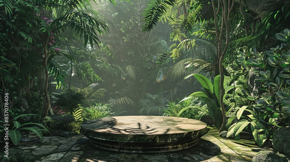 Mysterious ancient stone platform in a lush green jungle surrounded by dense tropical plants and sunlight filtering through the foliage. Mysterious ancient stone platform in a lush green jungle surrounded by dense tropical plants and sunlight filtering through the foliage.