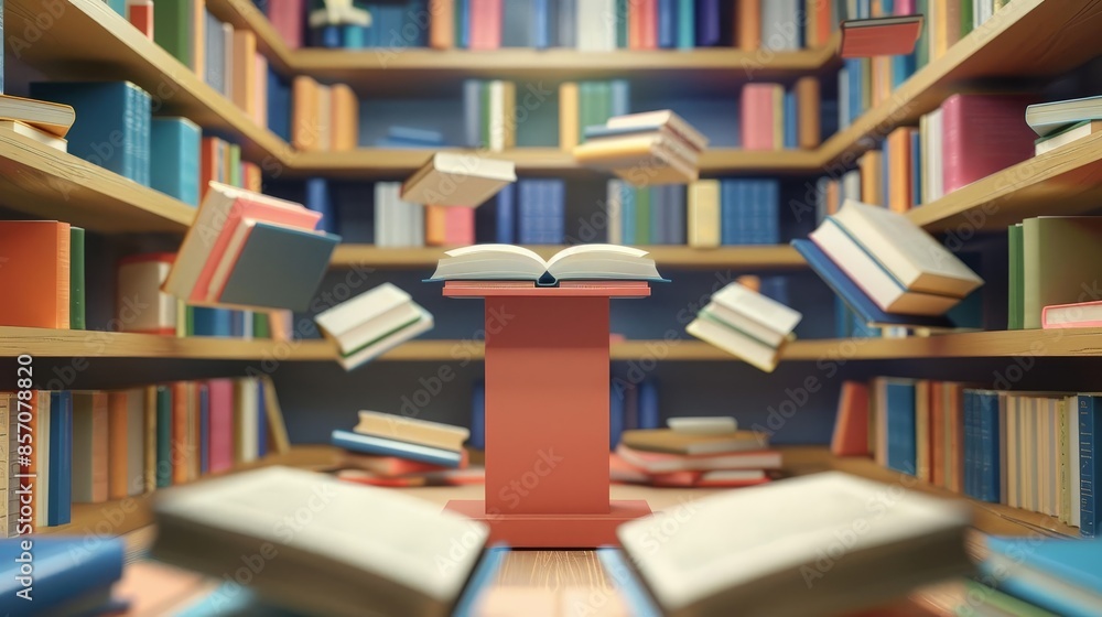 Podium surrounded by floating books front view emphasizing knowledge in a magical setting digital tone Analogous Color Scheme Podium surrounded by floating books front view emphasizing knowledge in a magical setting digital tone Analogous Color Scheme
