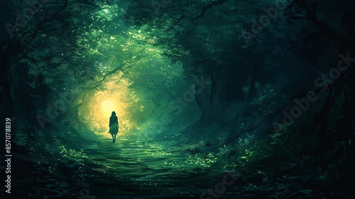 A person walking through a dark forest, with light visible in the distance, symbolizing the journey through depression and the hope of finding a way out. Illustration, Minimalism, © DARIKA